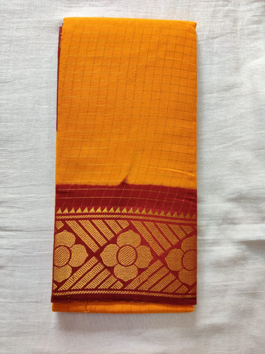 Yellow With Red Golden Border Madurai Sungudi Saree- Double Side Jari Border Jari Check