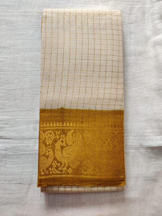 White With Yellow Border Madurai Sungudi Saree- Double Side Jari Border Jari Check