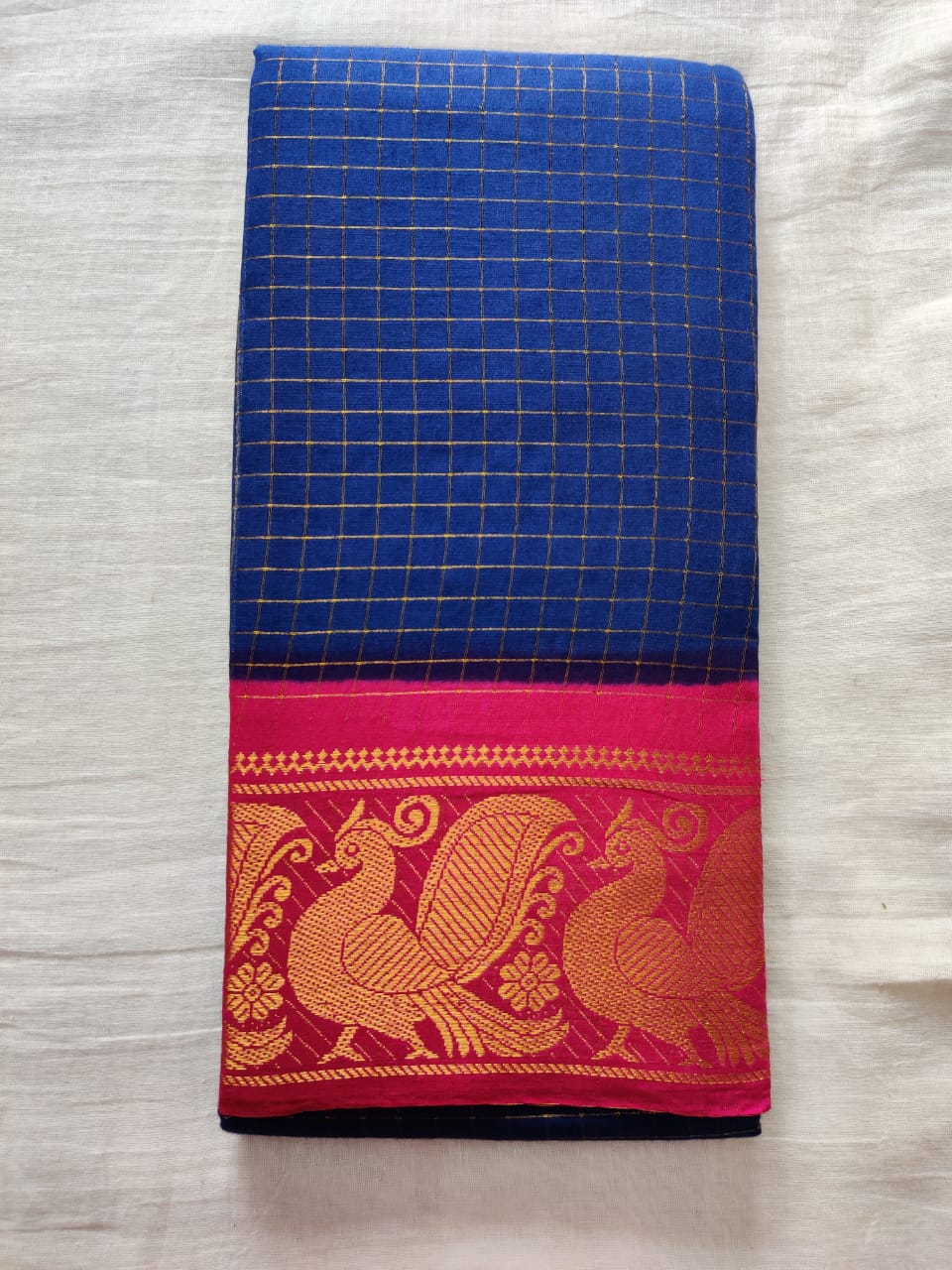 Blue With Pink Border Madurai Sungudi Saree- Double side Jari Border Jari Check