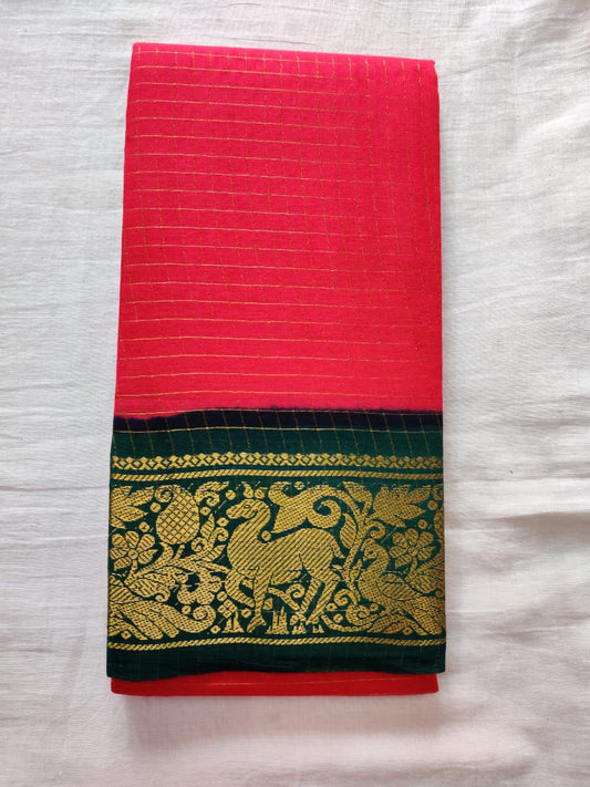 Pink With Green Border Madurai Sungudi Saree- Double Side Jari Border Jari Check