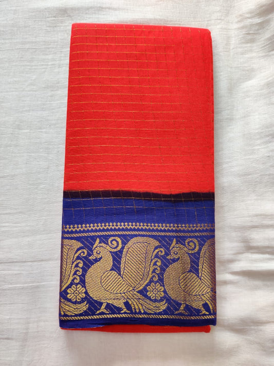 Red With Blue Border Madurai Sungudi Saree- Double Side Jari Border Jari Check