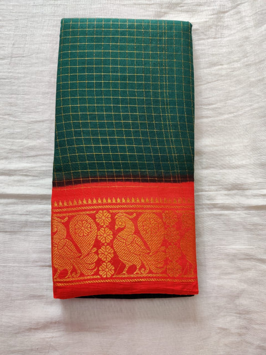 Green With Orange Border Madurai Sungudi Saree- Double side Jari Border Jari Check