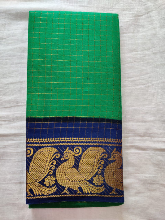 Green With Blue Golden Border Madurai Sungadi Saree- Double side Jari Border Jari Check