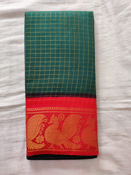 Dark Green With Red Golden Border Madurai Sungudi Saree-  Double side Jari Border Jari Check