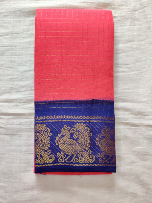 Salmon Pink With Blue Border Madurai Sungudi Saree- Double side Jari Border Jari Check