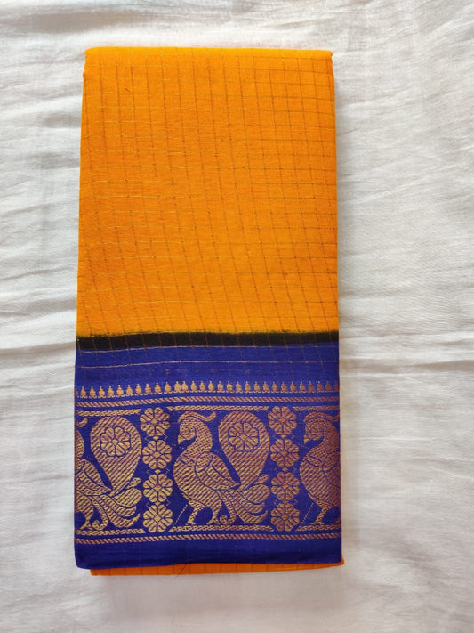 Yellow With Blue Golden Border Madurai Sungudi Saree- Double side Jari Border Jari Check