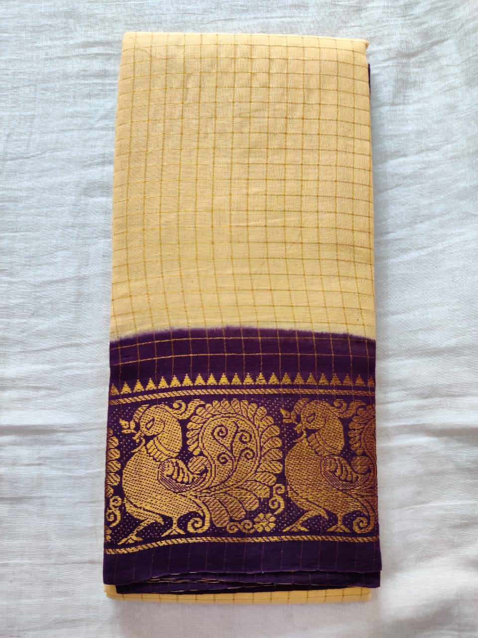 Yellow With Violet Border Madurai sungudi Saree-  Double Side Jari Border Jari Check