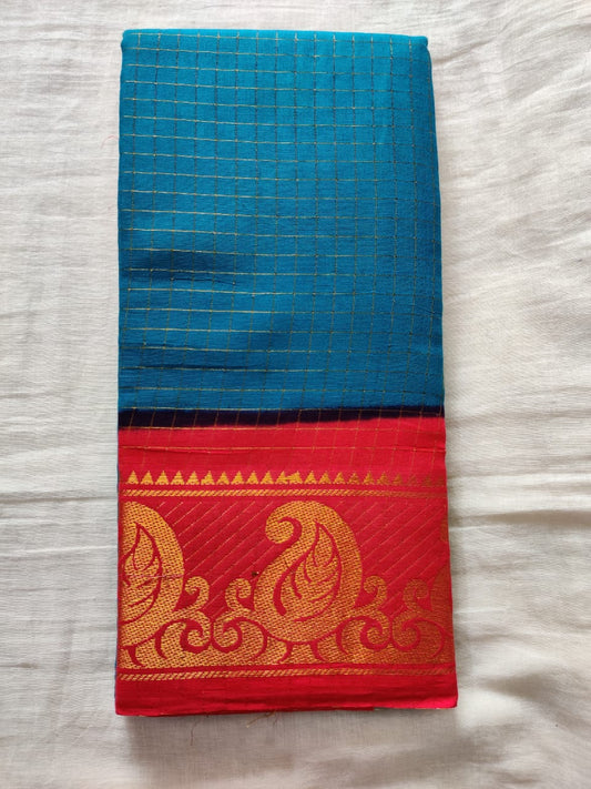 Sky Blue With Red Golden Border Madurai Sungudi Saree- Double Side Jari Border Jari Check