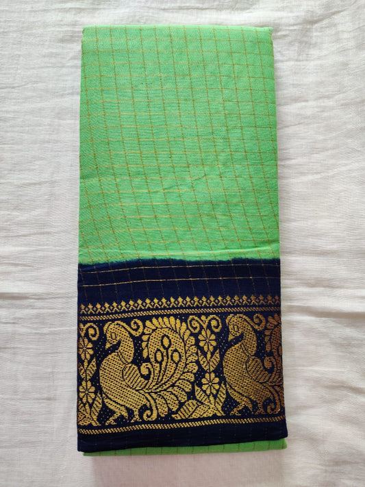 Olive Green With Dark Blue Border Madurai Sungudi Saree- Double Side Jari Border Jari Check