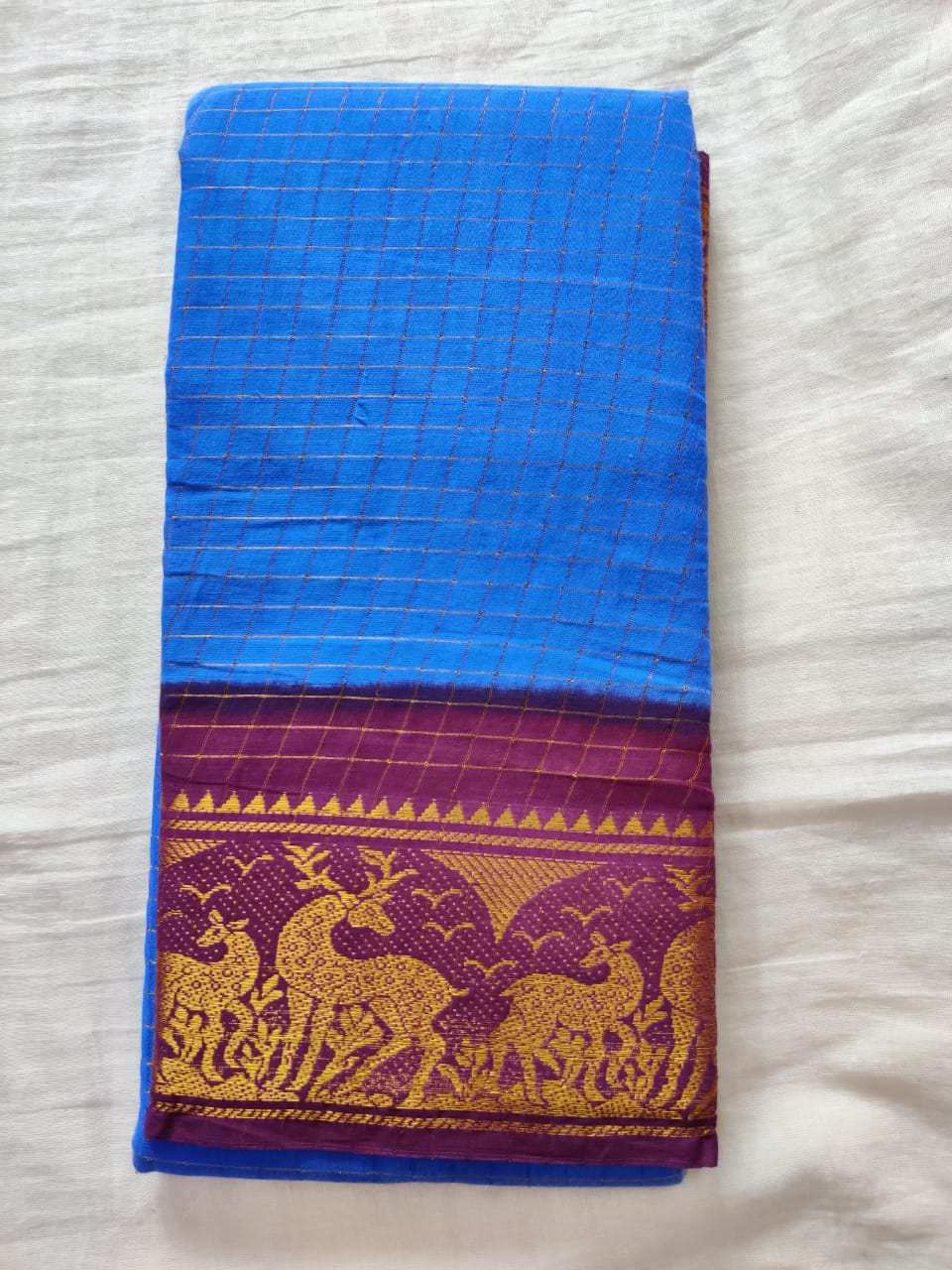 Blue With Violet Border Madurai Sungudi Saree- Double Side Jari Border Jari Check