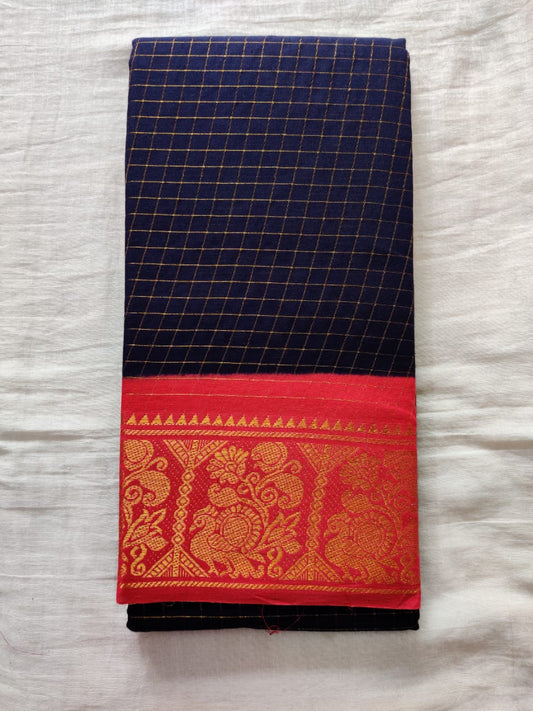 Black With Red Border Madurai Sungudi Saree- Double Side Jari Border Jari Check