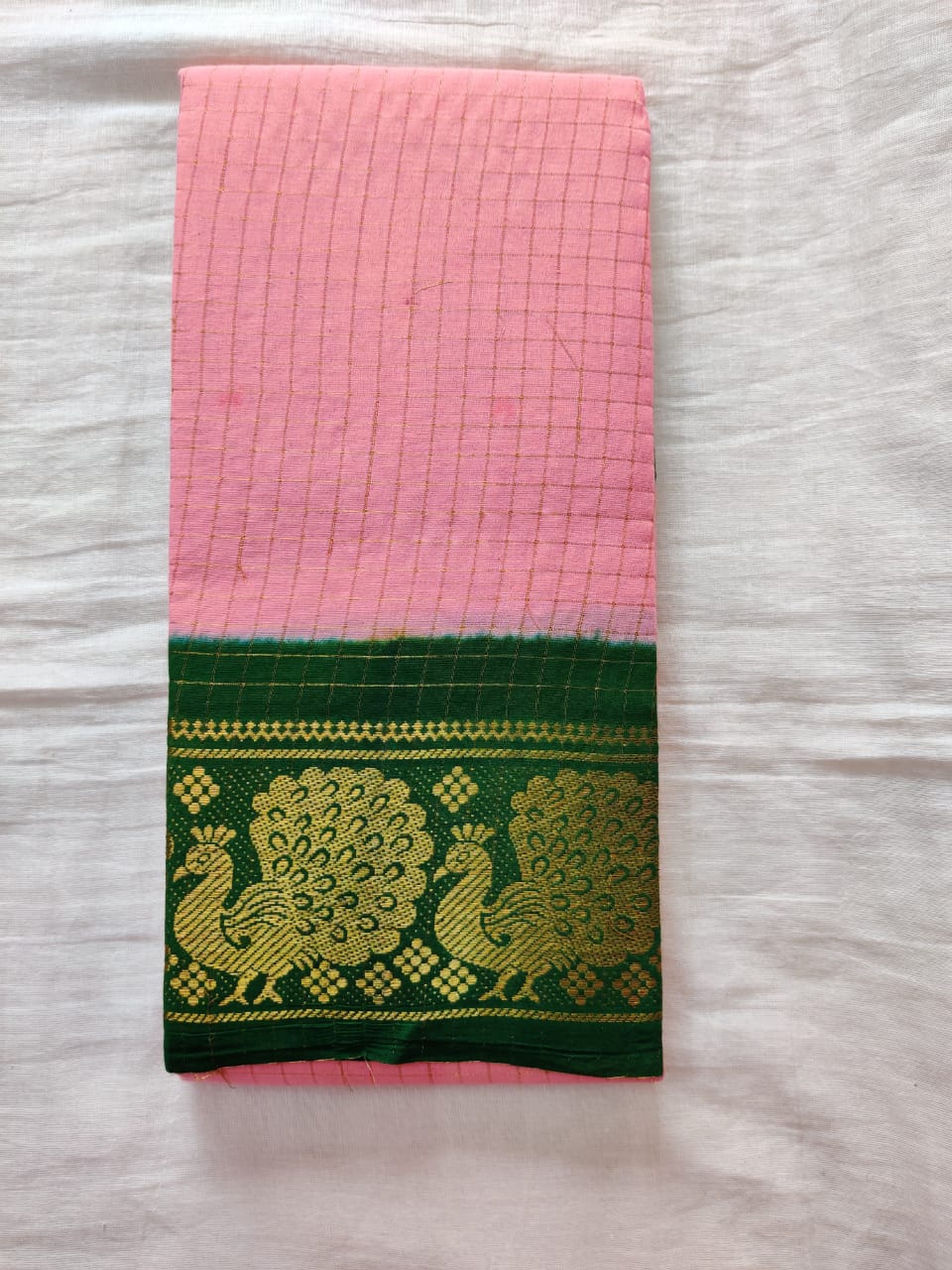 Baby Pink With Green Border Madurai Sungudi Saree- Double Side Jari Border Jari Check