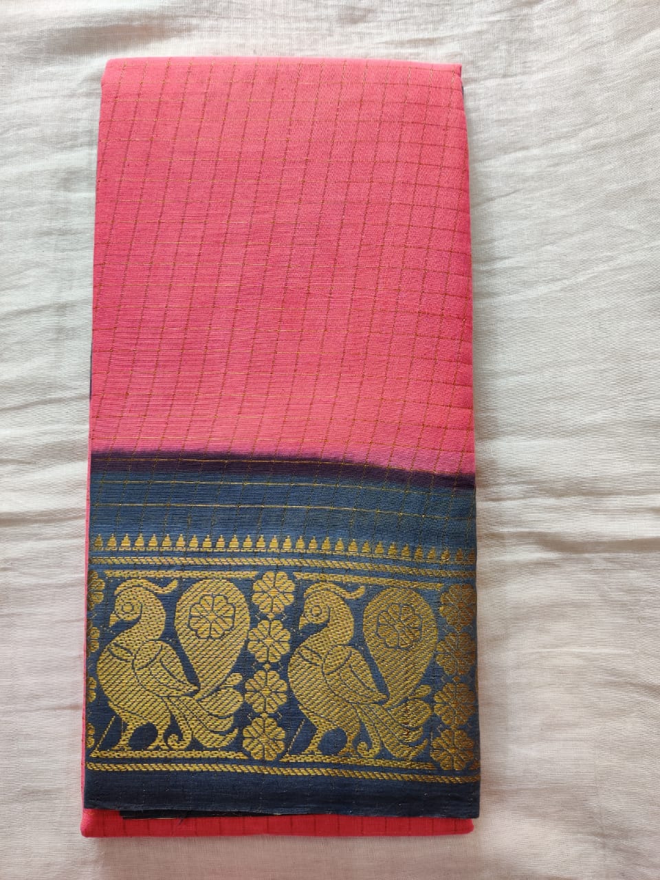 Rose Pink with Grey Peacock Motif Border Madurai Sungudi Saree- Double Side Jari Border Jari Check