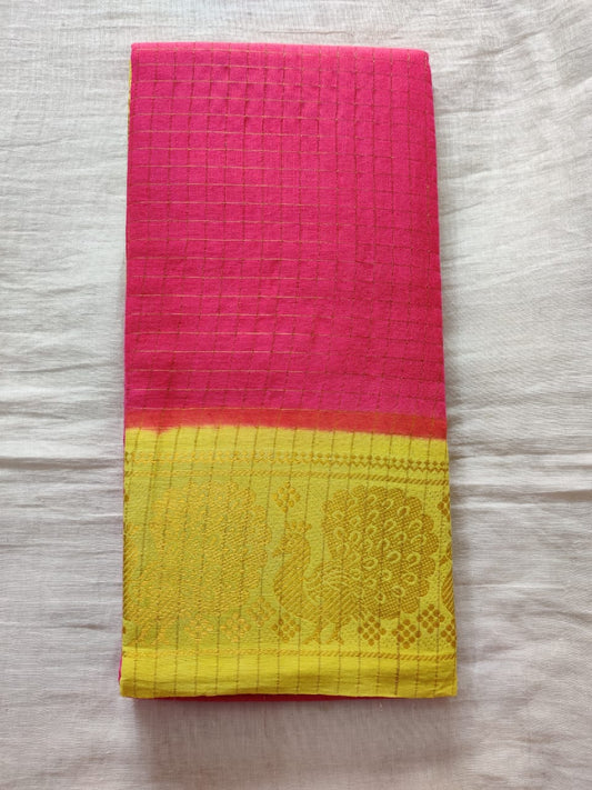 Pink With Yellow Border Madurai Sungudi Saree-  Double Side Jari Border Jari Check