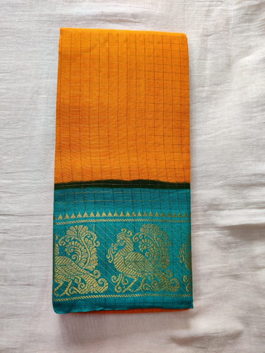 Golden Yellow With Blue Border Madurai Sungudi Saree- Double Side Jari Border Jari Check