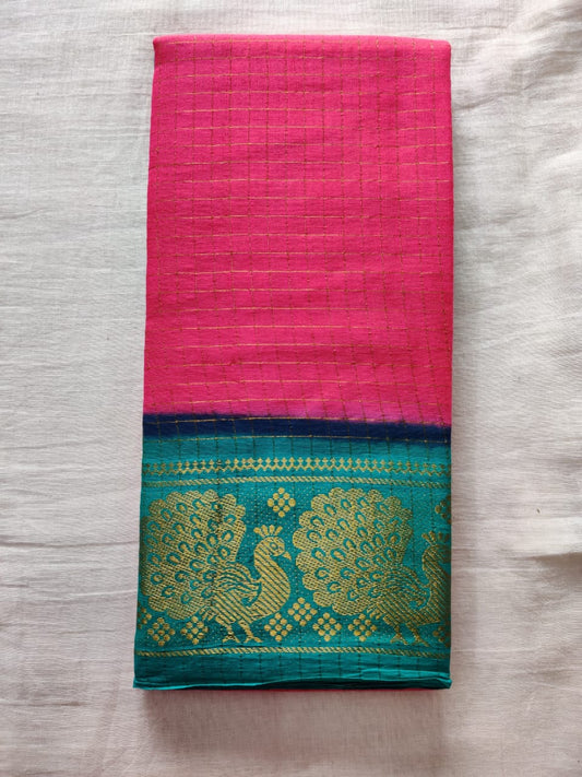 Hot Pink With Blue Border Madurai Sungudi Saree- Double Side Jari Border Jari Check