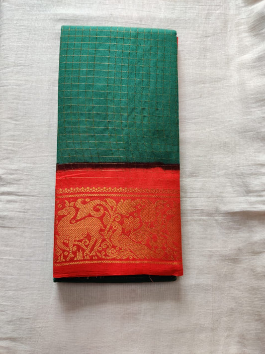 Dark Green With Orange Border Madurai Sangudi Saree- Double Side Jari Border Jari Check