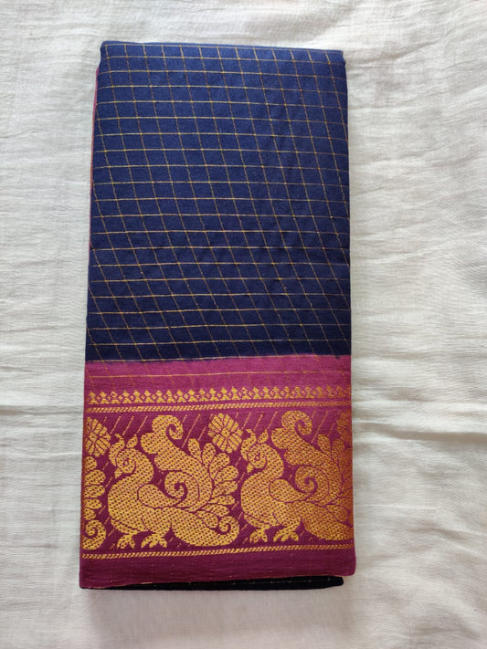Ink Blue With Purple Border Madurai Sungudi Saree- Double Side Jari Border Jari Check