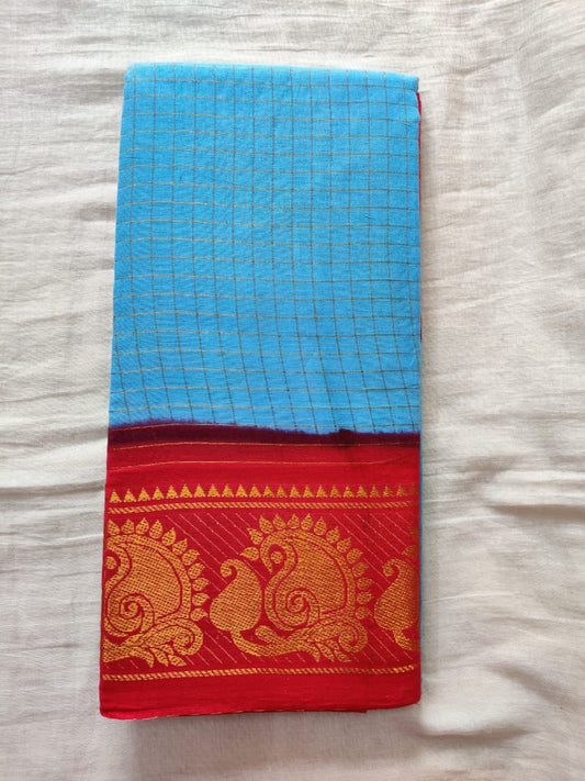 Sky Blue With Red Border Madurai Sungudi Saree- Double Side Jari Border Jari Check