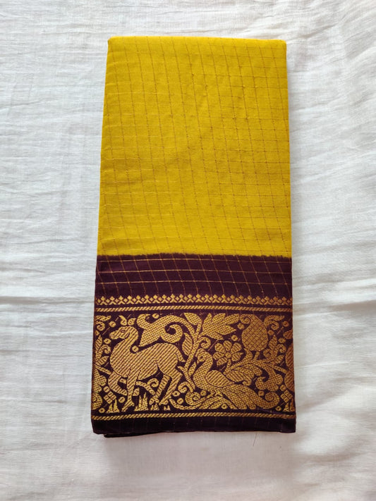 Yellow With Maroon Border Madurai Sungudi Saree- Double Side Jari Border Jari Check