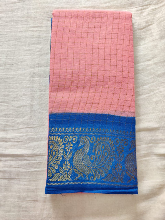 Peach With Blue Border Madurai Sungudi Saree- Double Side Jari Border Jari Check