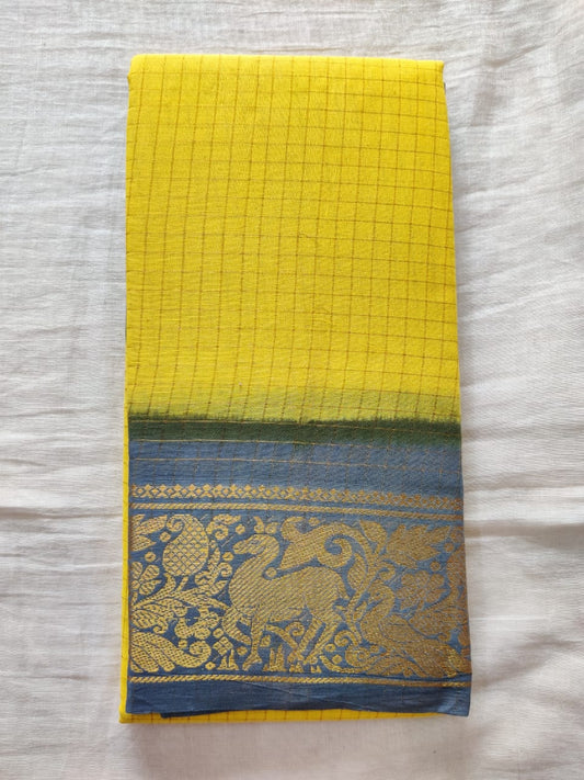 Yellow With Gray Border Madurai Sungudi Saree- Double Side Jari Border Jari Check