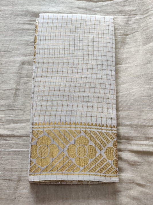 Pure White With Golden Border Madurai Sungudi Saree- Double Side Jari Border Jari Check