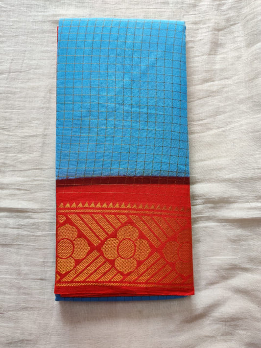 Blue maroon With Red Border Madurai Sungudi Saree- Double Side Jari Border Jari Check