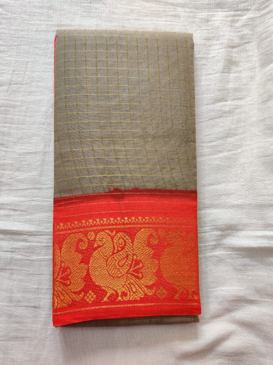 Gray With Orange Border Madurai Sungudi Saree-  Double Side Jari Border Jari Check