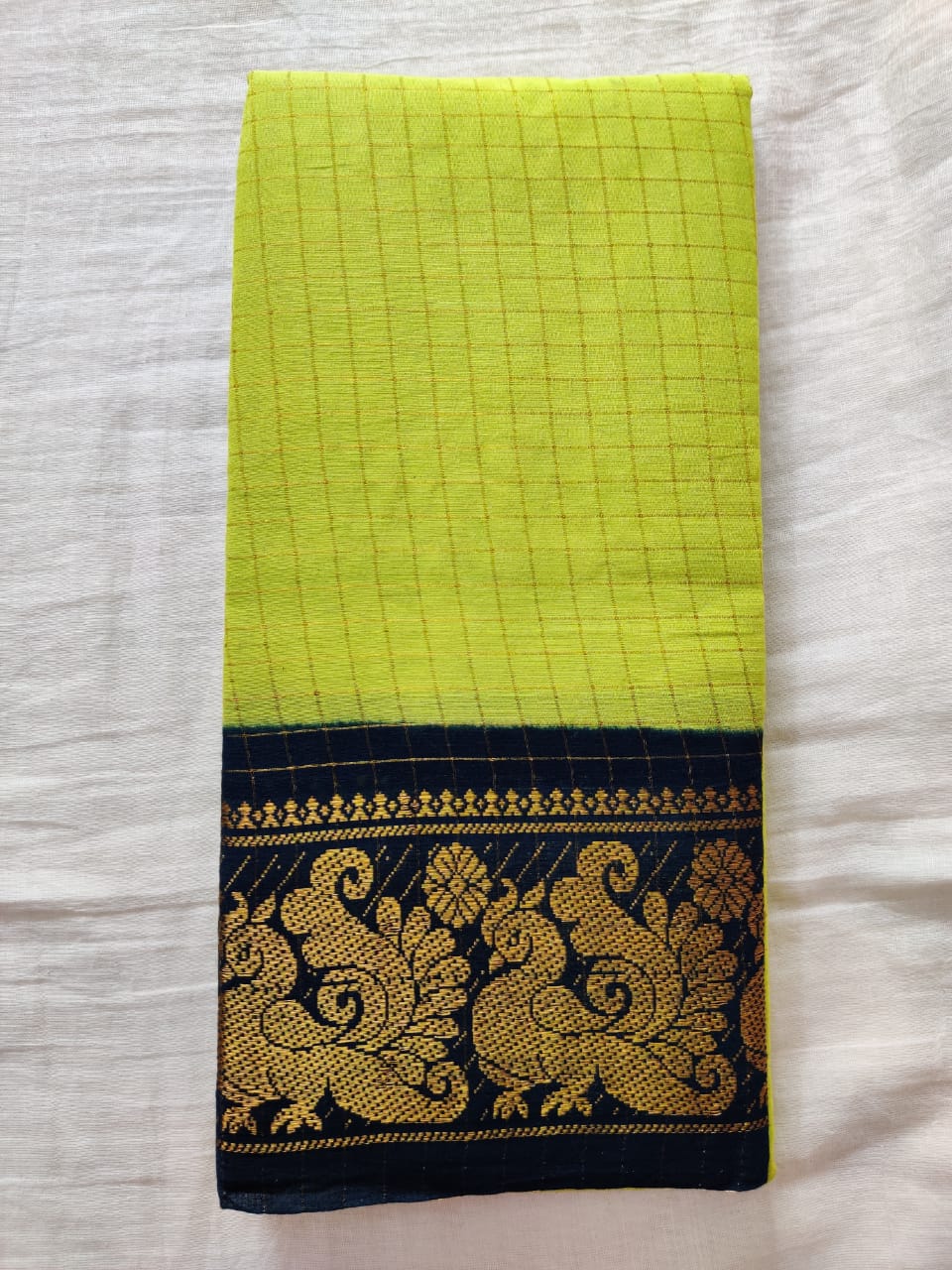 Yellow With Black Border Madurai Sungudi Saree- Double Side Jari Border Jari Check