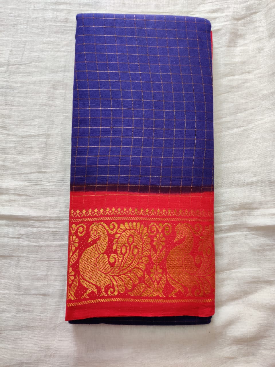 Dark Blue With Red Border Madurai Sungudi Saree- Double Side Jari Border Jari Check