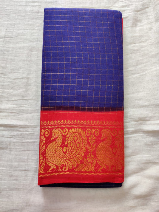 Dark Blue With Red Border Madurai Sungudi Saree- Double Side Jari Border Jari Check