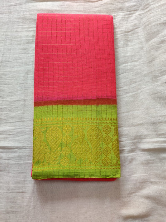 Hot Pink With Green Golden Border Madurai Sungudi Saree- Double Side Jari Border Jari Check