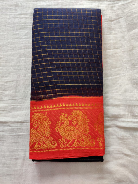 Black With Red Border Madurai Sungudi Saree- Double Side Jari Border Jari Check