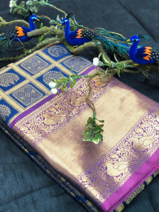 Blue With Purple Golden Border Banarasi Silk Saree (Blend)