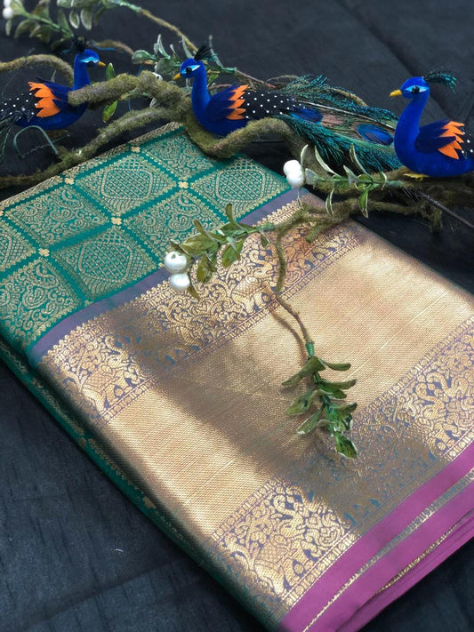 Green With Purple Golden Border Banarasi Silk Saree (Blend)