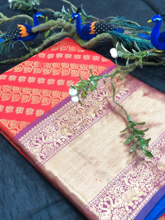 Red With Purple Golden Border Banarasi Silk Saree (Blend)