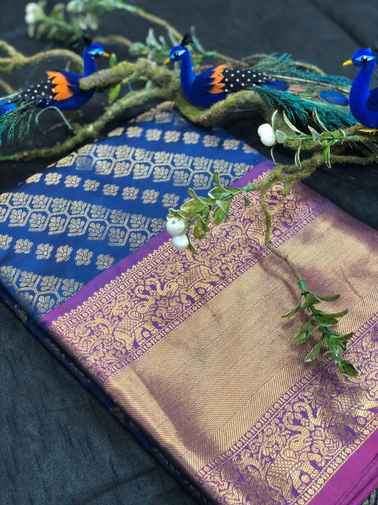 Persian Blue With Purple Golden Border Banarasi Silk Saree (Blend)