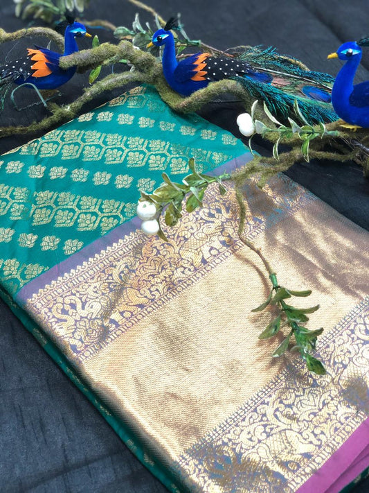 Leaf Green With Purple Green Border Banarasi Silk Saree (Blend)