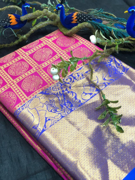 Pink With Blue Golden Border Banarasi Silk Saree (Blend)