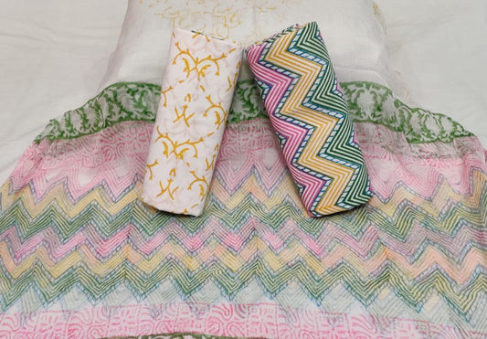 Off-White with Green Handblock Printed Chiffon Dress Material