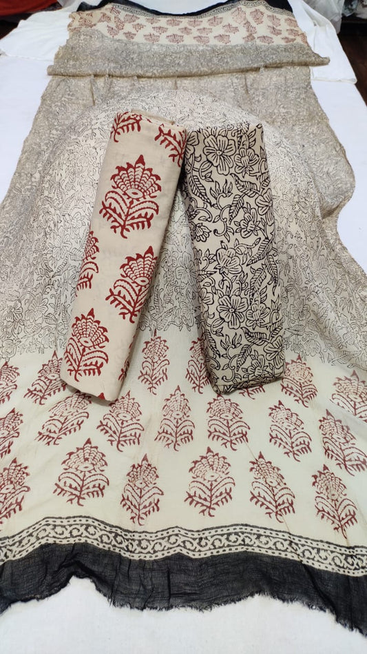 Maroon With Black Handblock Printed Chiffon Dress Material