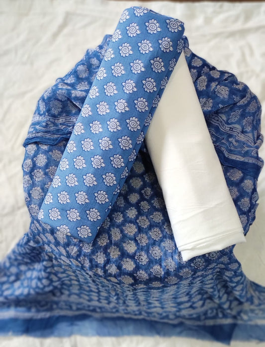 White With Blue Handblock Printed Chiffon Dress Material