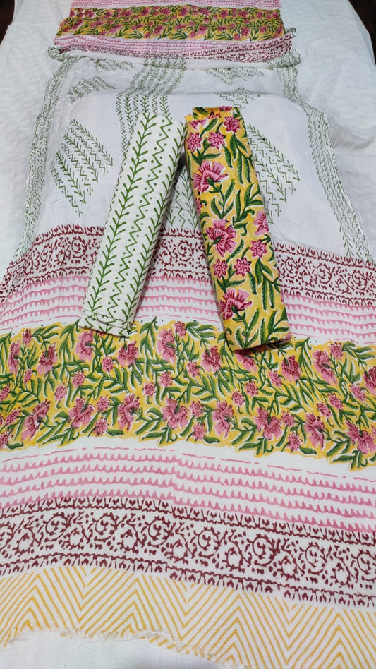 Green Yellow With Pink Handblock Printed Chiffon Dress Material