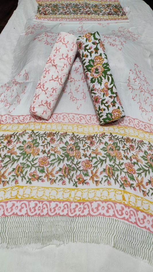 Green With Orange Handblock Printed Chiffon Dress Material