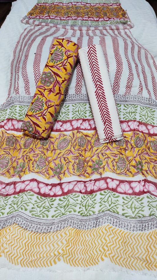 Yellow With Red Handblock Printed Chiffon Dress Material