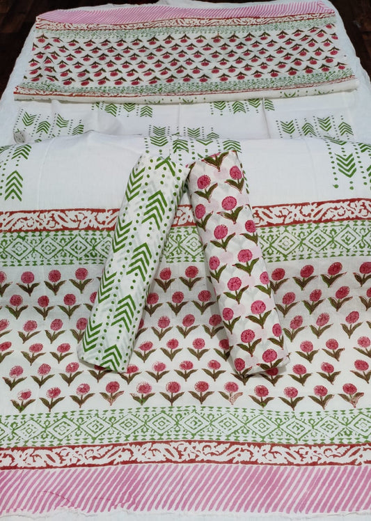 Green With Pink Handblock Printed Cotton Dress Material