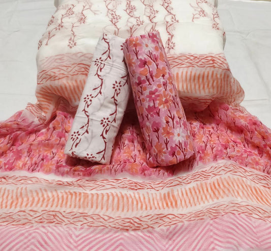 Pink & Orange With White Handblock Printed Cotton Dress Material