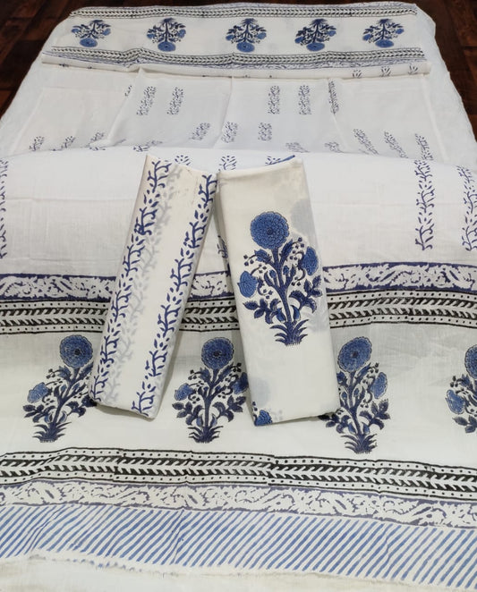 White With Blue Handblock Printed Cotton Dress Material
