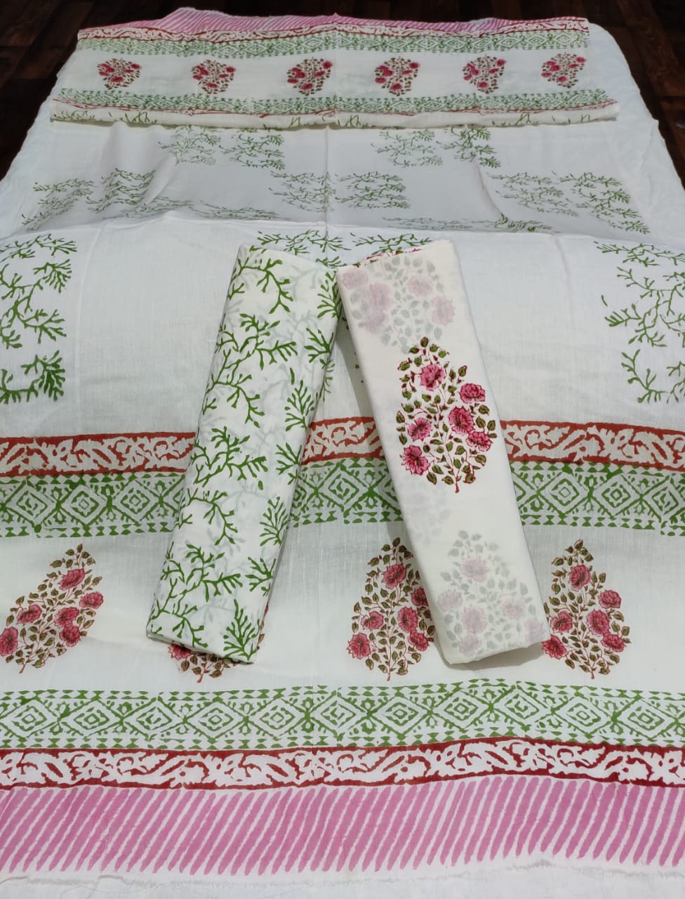 Pink With Leaf Green Handblock Printed Cotton Dress Material